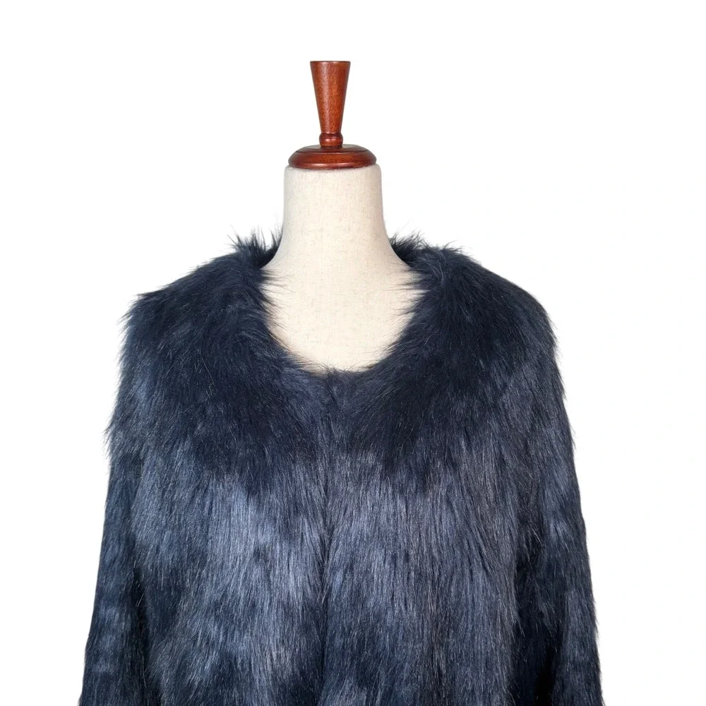 Free People Faux Fur Jacket Womens S Navy Blue Shaggy‎ Boho Cropped Coat Cropped